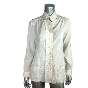 Bell Fine Garments White Embroidered Long Sleeve Button-Up Blouse With Scalloped